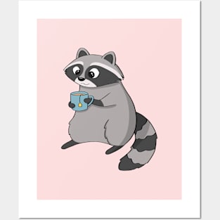 Raccoon Drinking Tea Posters and Art